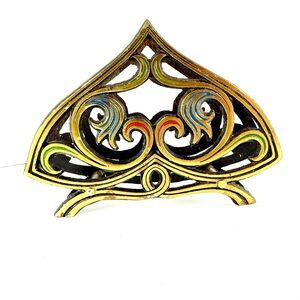 Vintage brass napkin Holder letter holder With Blue, Green And Red Accents.Boho